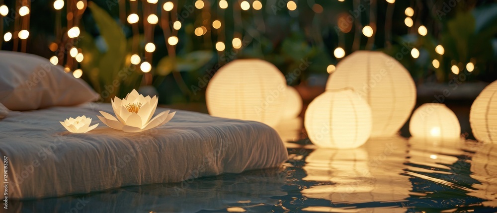 Poster relaxing evening by the pool with lotus flowers and lanterns calm environment serene view