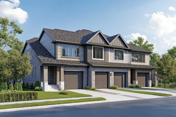 Naklejka premium A digital architectural visualization of a modern urban townhouse with a built-in garage and driveway.