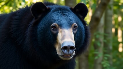 Naklejka premium Majestic Black Bear Close-Up in a Serene Forest