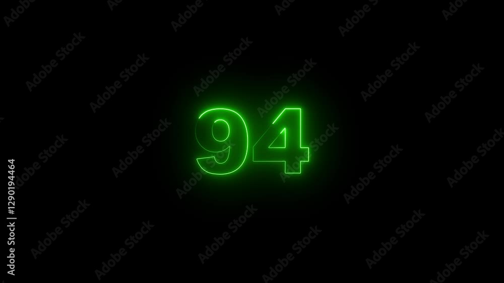 Poster neon glowing text 94 number countdown icon on black background 4k animation. neon number 94 with alp