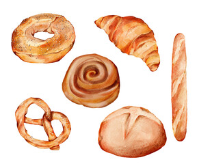 set of fresh baked bread watercolor illustration in transparent background png