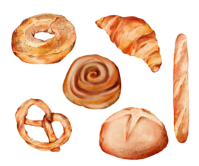 set of fresh baked bread watercolor illustration in transparent background png