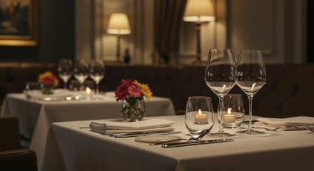 Formal table setting with a white floral centerpiece, showcased in a fine dining restaurant with a stunning city view, offering a luxurious experience