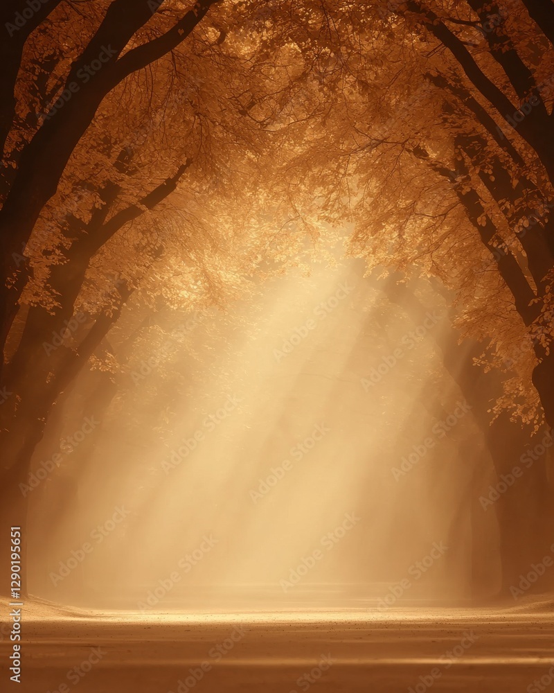 Poster mysterious light breaking through autumn trees forest path nature serene environment captivating per