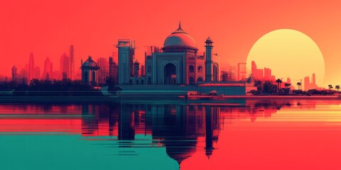 Fototapeta premium Taj mahal reflected over water with a sunset backdrop