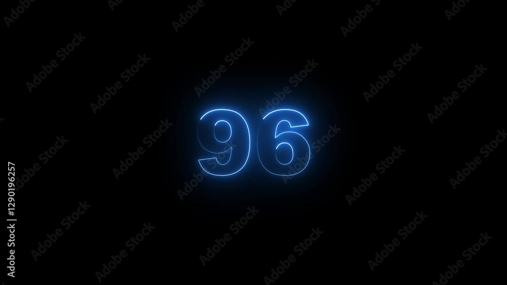Poster neon glowing text 96 number countdown icon on black background 4k animation. neon number 96 with alp