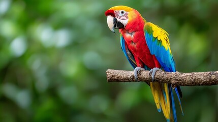 Obraz premium A vibrant macaw perched on a branch, showcasing its striking red, yellow, and blue feathers against a lush green background.