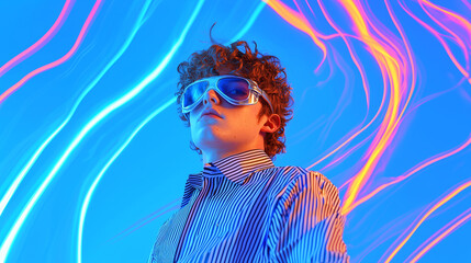 Retro-futuristic fashion meets cyberpunk vibes in a glowing blue setting