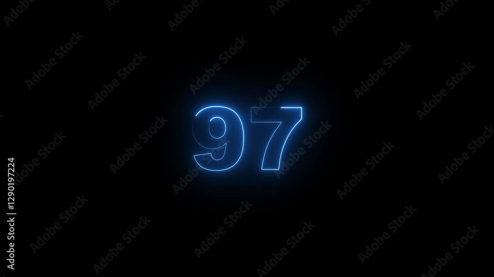 Poster neon glowing text 97 number countdown icon on black background 4k animation. neon number 97 with alp