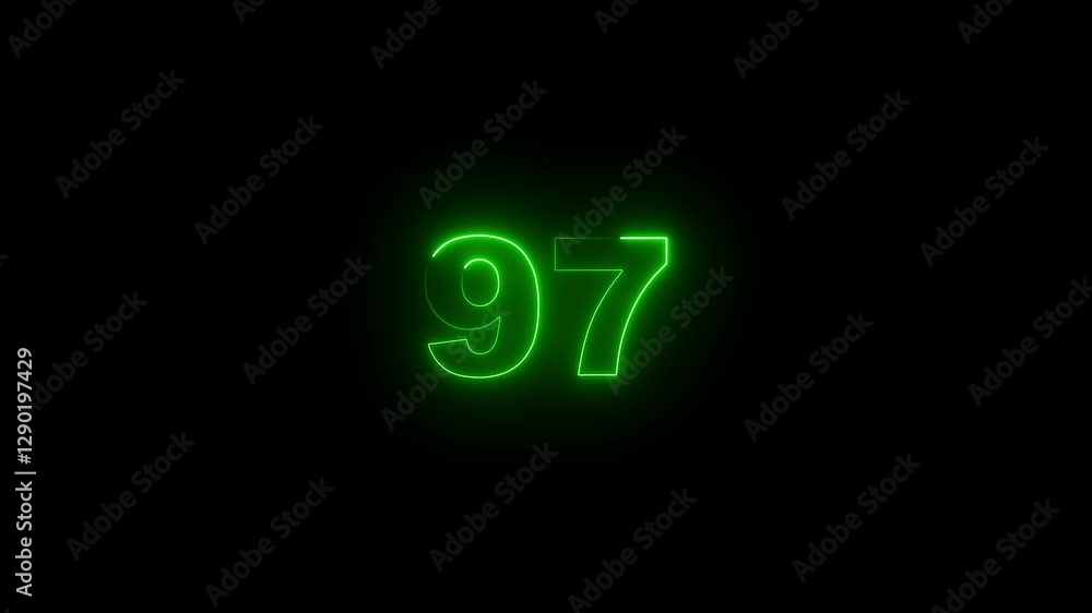 Poster neon glowing text 97 number countdown icon on black background 4k animation. neon number 97 with alp
