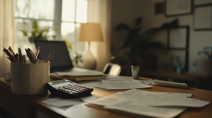 Retirement financial stress in a calm home study, reviewing savings goals for retirement. Featuring concern and clarity