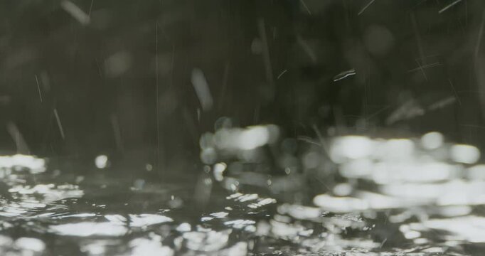 4K high-speed heavy tropical rainstorm on a black puddle floor, dynamic raindrops splashing. High-end cinematic rain closeup VFX insert, powerful weather element showcases the intense realism of rain.