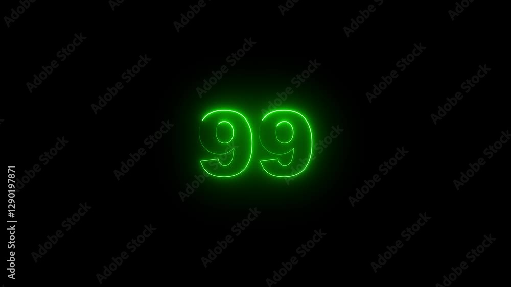 Poster neon glowing text 99 number countdown icon on black background 4k animation. neon number 99 with alp