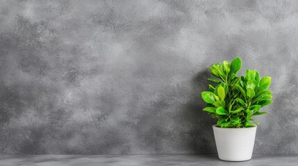 Small plant in white pot on gray textured wall.  Possible use  background image for home decor, interior design, or office workspace