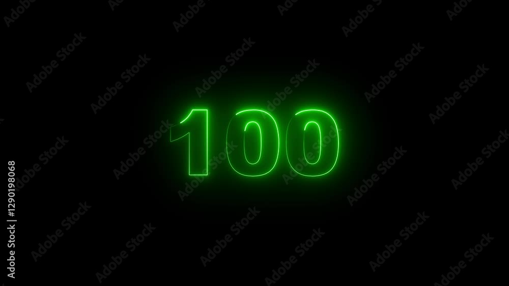 Poster neon glowing text 100 number countdown icon on black background 4k animation. neon number 100 with a