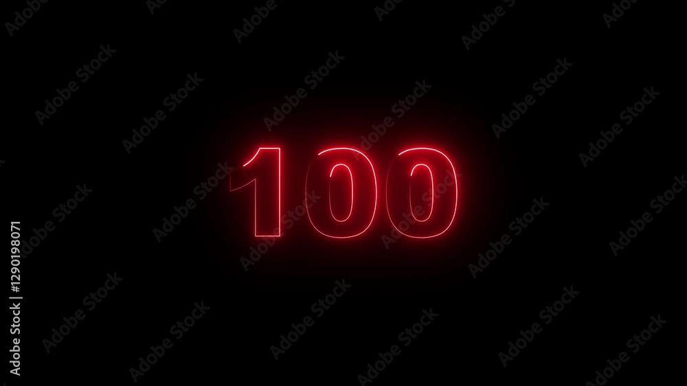 Poster neon glowing text 100 number countdown icon on black background 4k animation. neon number 100 with a