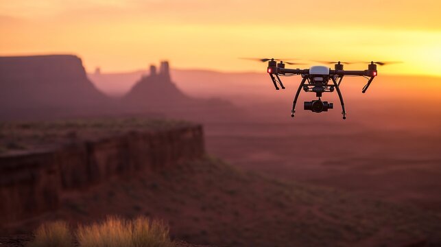 Drone filming scenic sunrise over desert landscape.