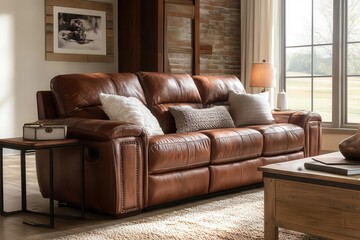 plush brown leather sofa reclines in a warm chestnut glow, surrounded by soft shadows and rustic wood accents, exuding timeless comfort and cozy sophistication in a relaxed setting.