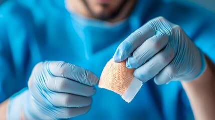 Advanced wound dressing being carefully applied to an injury for medical treatment, care, and recovery. The dressing provides protection, absorption.