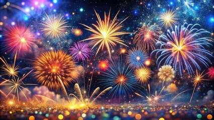 Fototapeta premium Colorful Fireworks Display Against a Starry Night Sky with Twinkling Stars and Glowing Bokeh Effects for a Vibrant Celebration of Light and Color