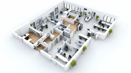 Modern Office Floor Plan 3D Rendering: Clean White Interior Workspace Design