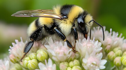 Close-up bee on flower, garden setting