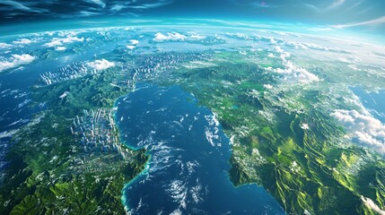 Aerial View of Coastal City and Lush Green Mountains from Space