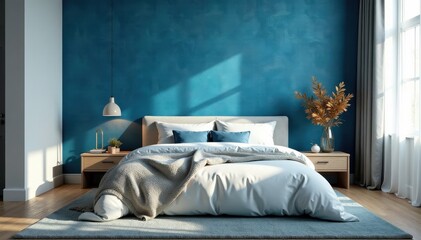 Plush bed, textured blue wallpaper, modern minimalist room, lighting, comfort, walls