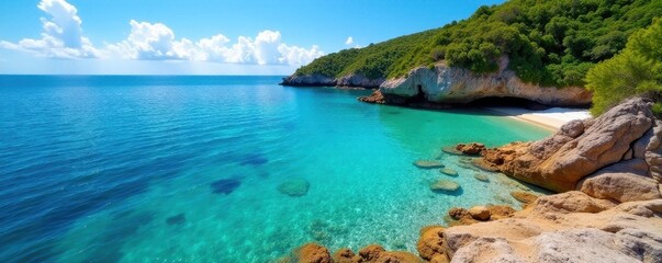 Fototapeta premium Secluded cove, vibrant coral reef visible from shore, escape, calm, scenic