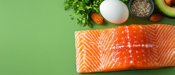 Salmon fillet with egg, almonds, seeds, and greens on green background