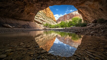 Fototapeta premium Serene Summer Lake Landscape with Green Leaves and Wooden Dock