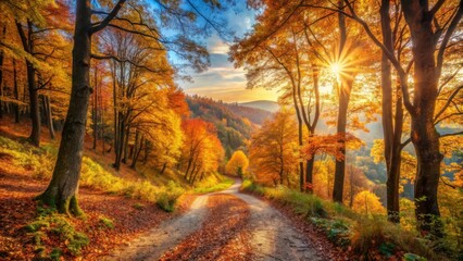 Scenic autumn landscape with vibrant trees and golden sunlight