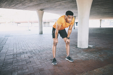 Tired, fitness and black man with break outdoor for workout burnout, running fatigue and breathing...