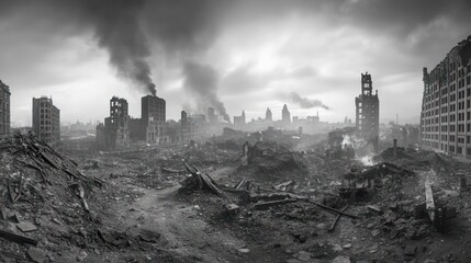 Post-apocalyptic city ruins, smoke, desolation