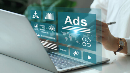 Online advertising concept.Digital Advertising Analytics and Video ADS Campaigns by using AI to analyze data. woman using a laptop with Ads dashboard digital marketing strategy analysis for branding.