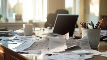 Retirement financial stress in a clean home office. Featuring contemplation and worry