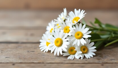 Obraz premium A bunch of white daisies resting on a rustic wooden background with soft lighting