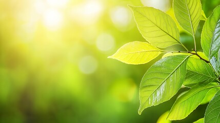 Closeup of Vibrant Green Leaves with Sunlight and Dew Drops