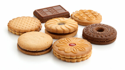 Five whole sweet cookies placed on a white background.
