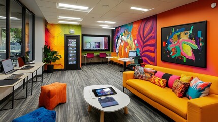 A Bright, Modern Laboratory or Workshop Space with 3D Printers, Computers, and Orange Chairs, Featuring Large Windows Overlooking a Green Landscape.