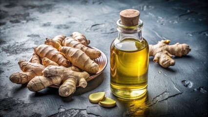 Obraz premium Double Exposure of Ginger Oil and Fresh Ginger Root on Gray Kitchen Table - Aromatic Essence, Culinary Ingredients, Wellness, Natural Remedies, Healthy Cooking, Top View Composition