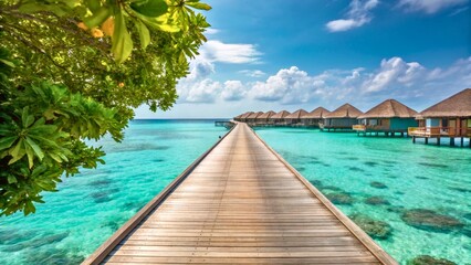 Obraz premium Tranquil Pathway to Water Bungalows over Crystal Clear Tropical Ocean Waters