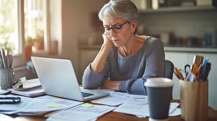 Retirement financial stress in a clean, minimalist home office. Featuring contemplation and worry
