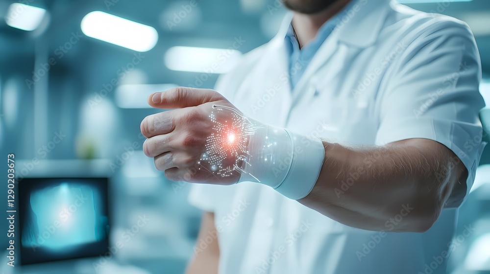 Poster futuristic smart bandage with embedded sensors for tracking and monitoring health conditions. advanc