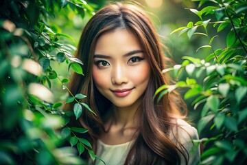 Asian woman smiles serenely amidst lush greenery.