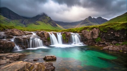 Obraz premium Serene Waterfall Cascading into Crystal Clear Pool Surrounded by Lush Green Mountains