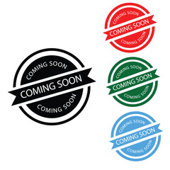 Coming soon stamp, sign for users. Isolated white background, editable vector file social media