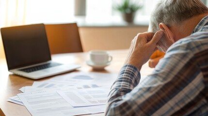 Retirement financial stress in a clean, minimalist study. Featuring worry and contemplation