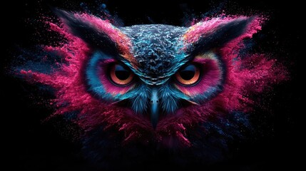 Colorful Owl Explosion, Dark Background, Art Print