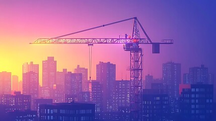 Naklejka premium Construction Crane at Sunset Over City Skyline.